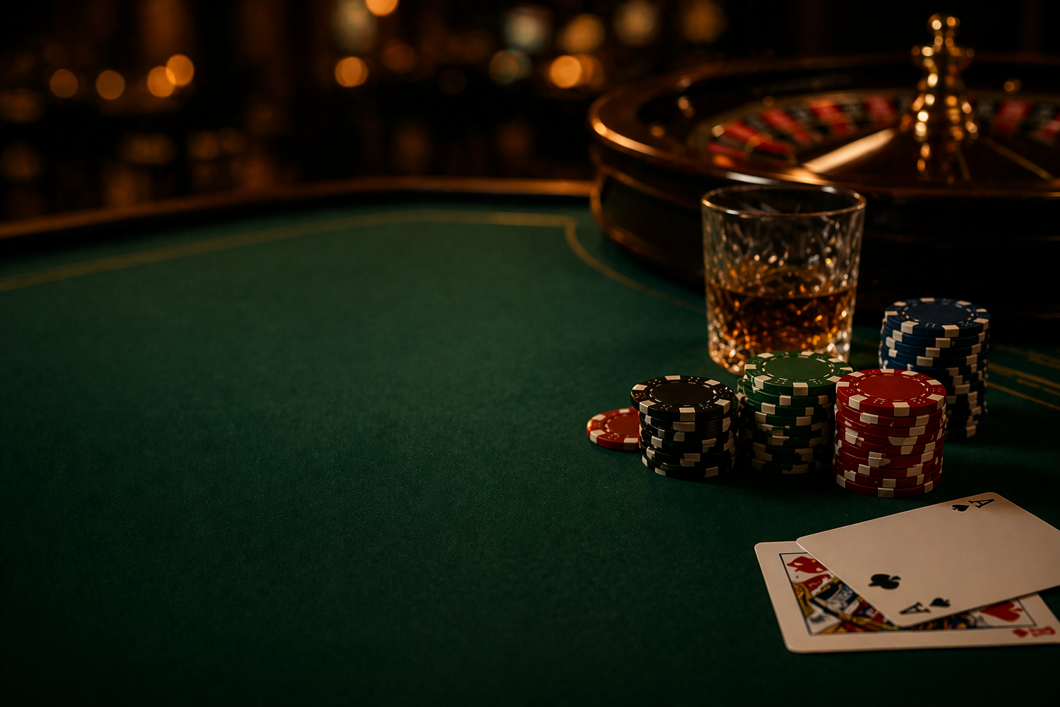Green live casino table with roulette, blackjack cards and dealer hands