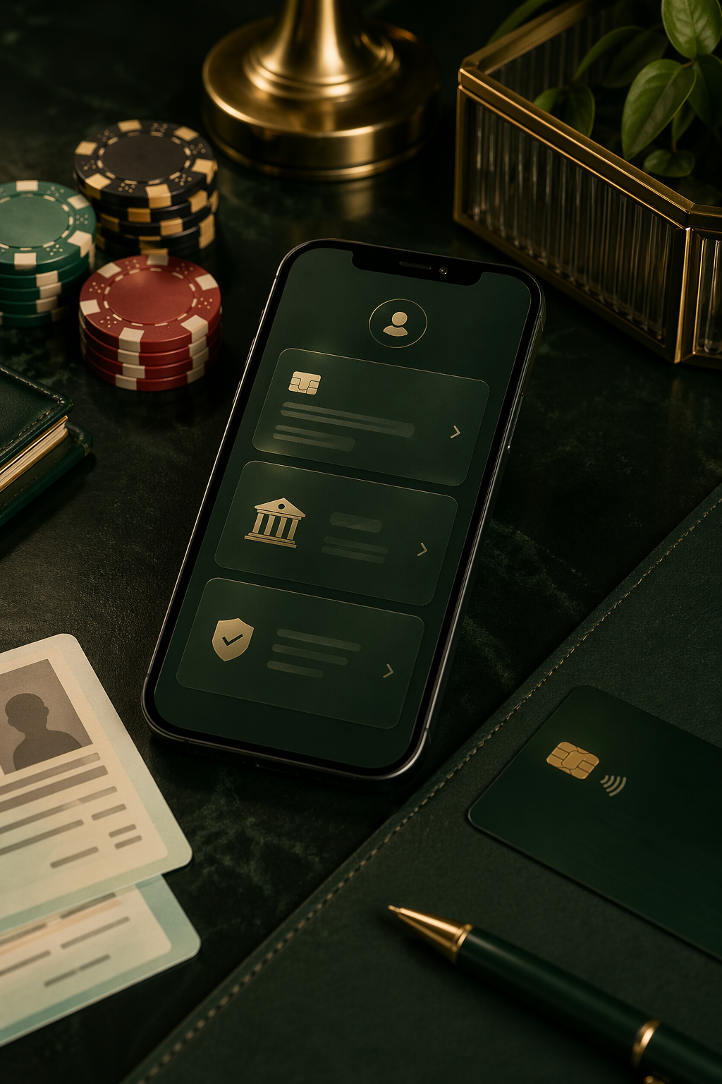 Mobile cashier, bank card and identity-check setup for live casino banking and KYC