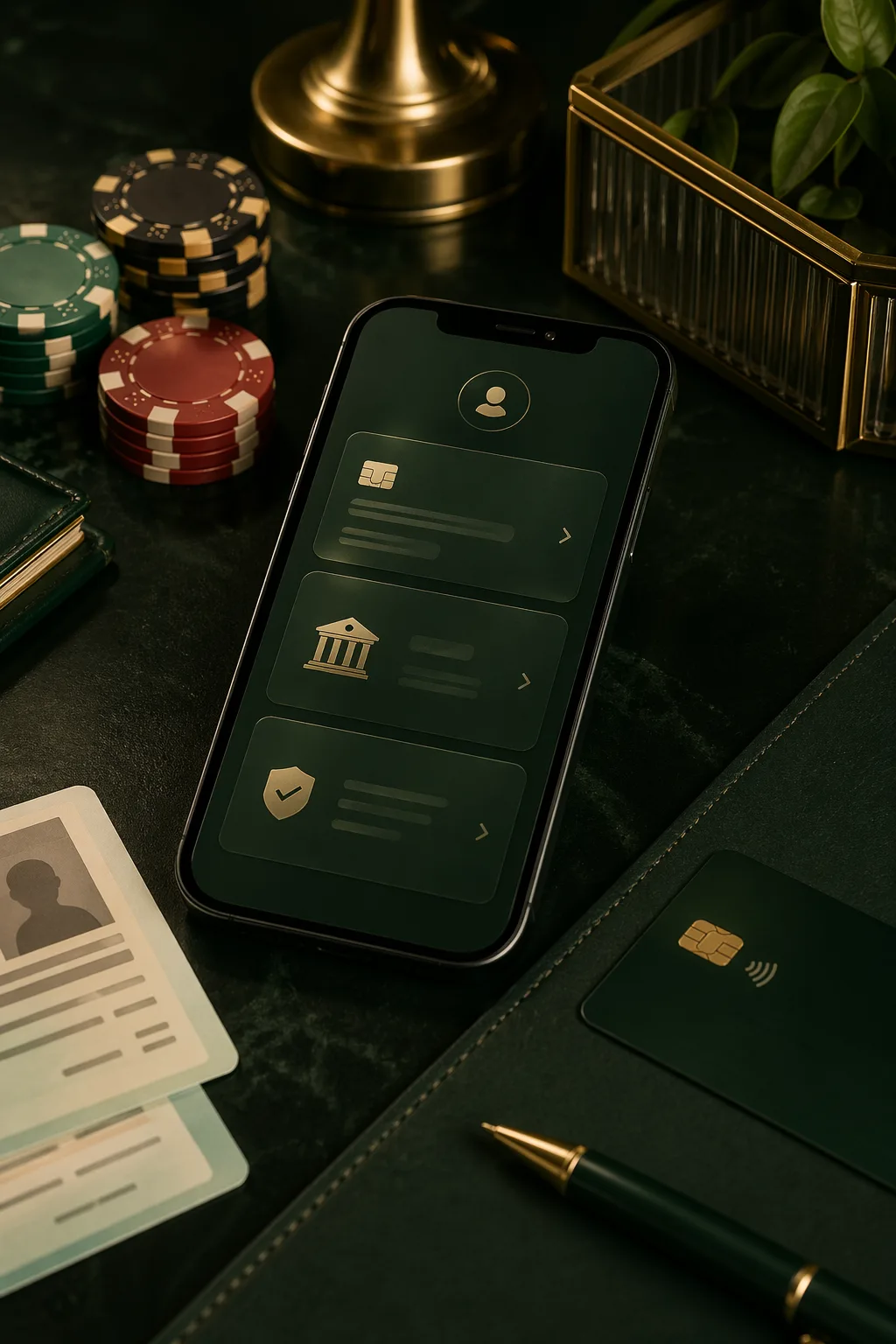 Mobile cashier, bank card and identity-check setup for live casino banking and KYC