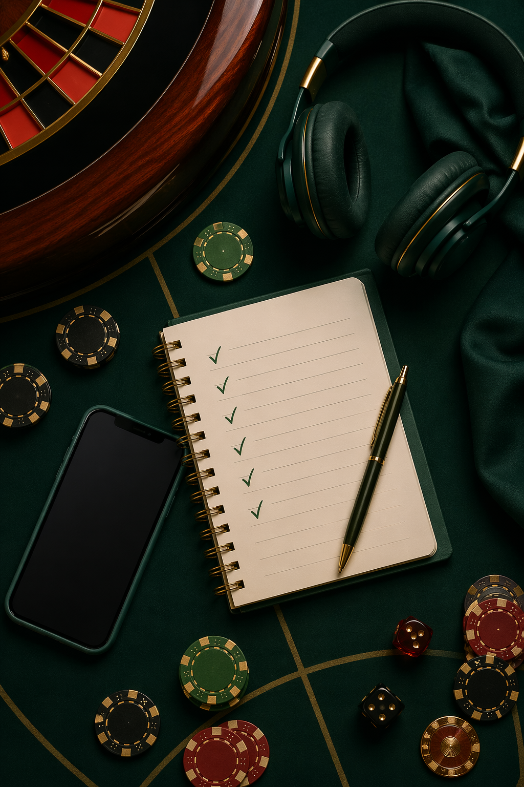 Live casino checklist scene with phone, chips and planning notes on an emerald table
