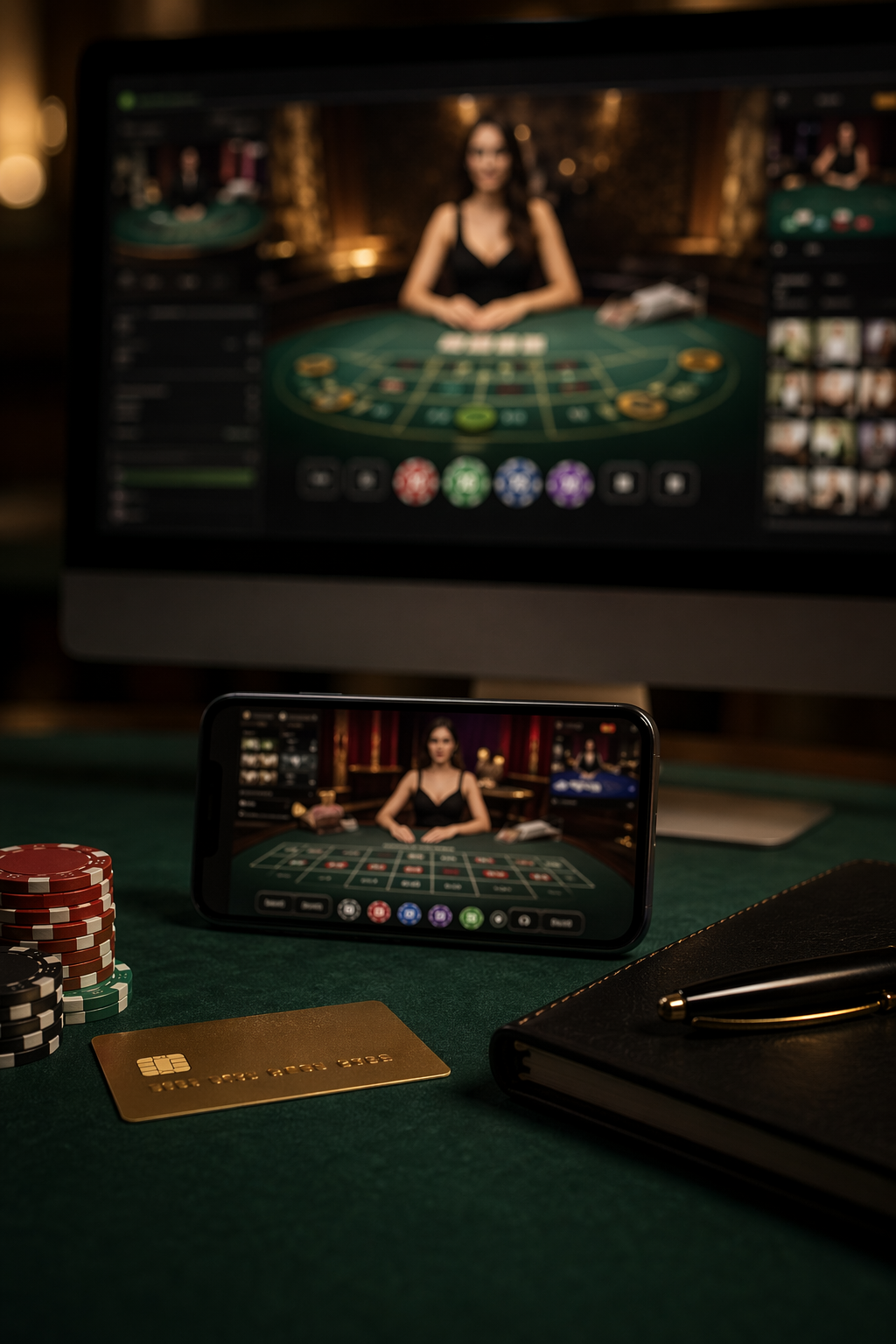 Phone and desktop showing a live dealer casino flow with chips and cashier details on a dark green desk