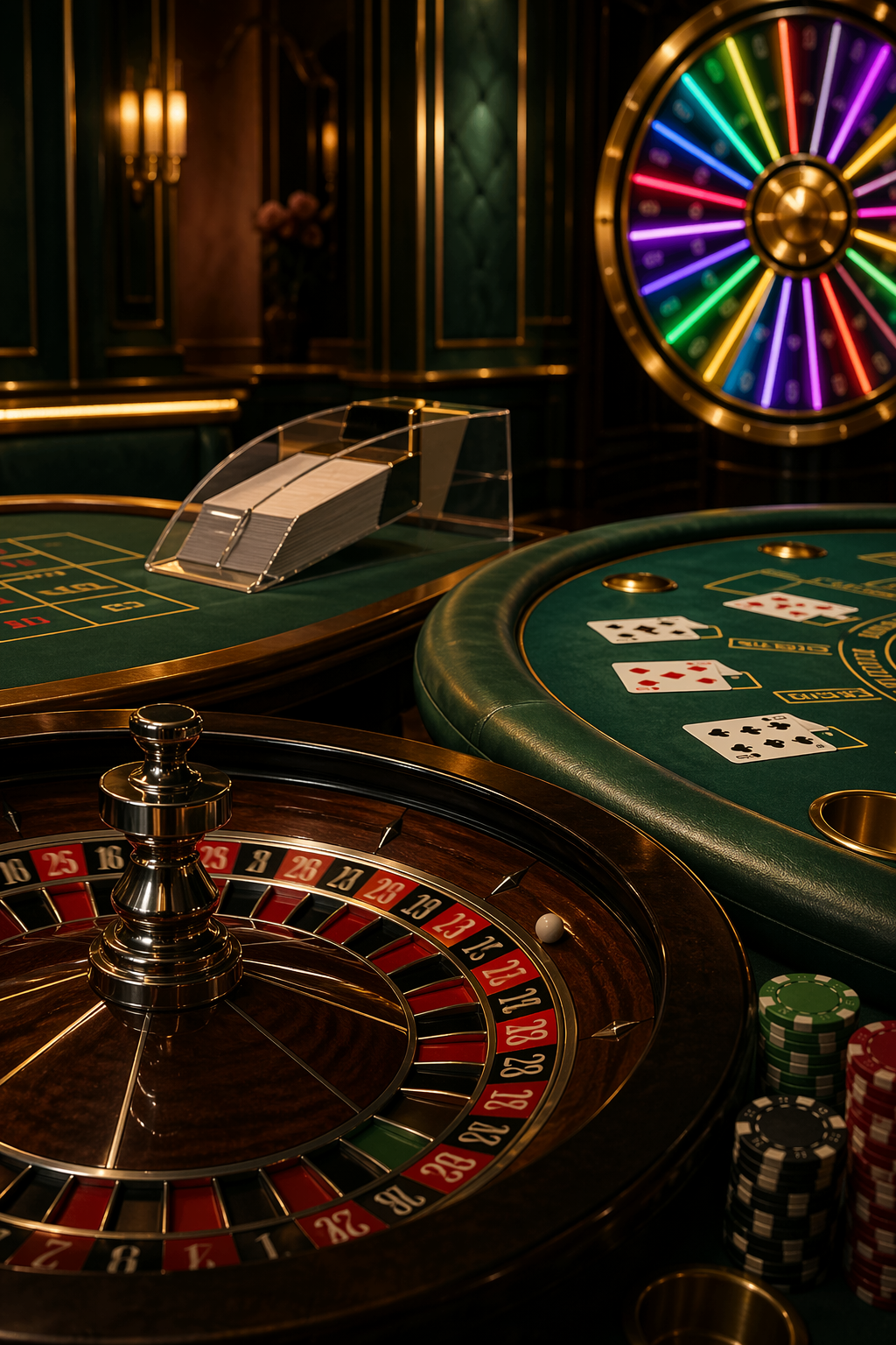 Premium live casino games composition with roulette wheel, blackjack cards, baccarat setup and studio lights