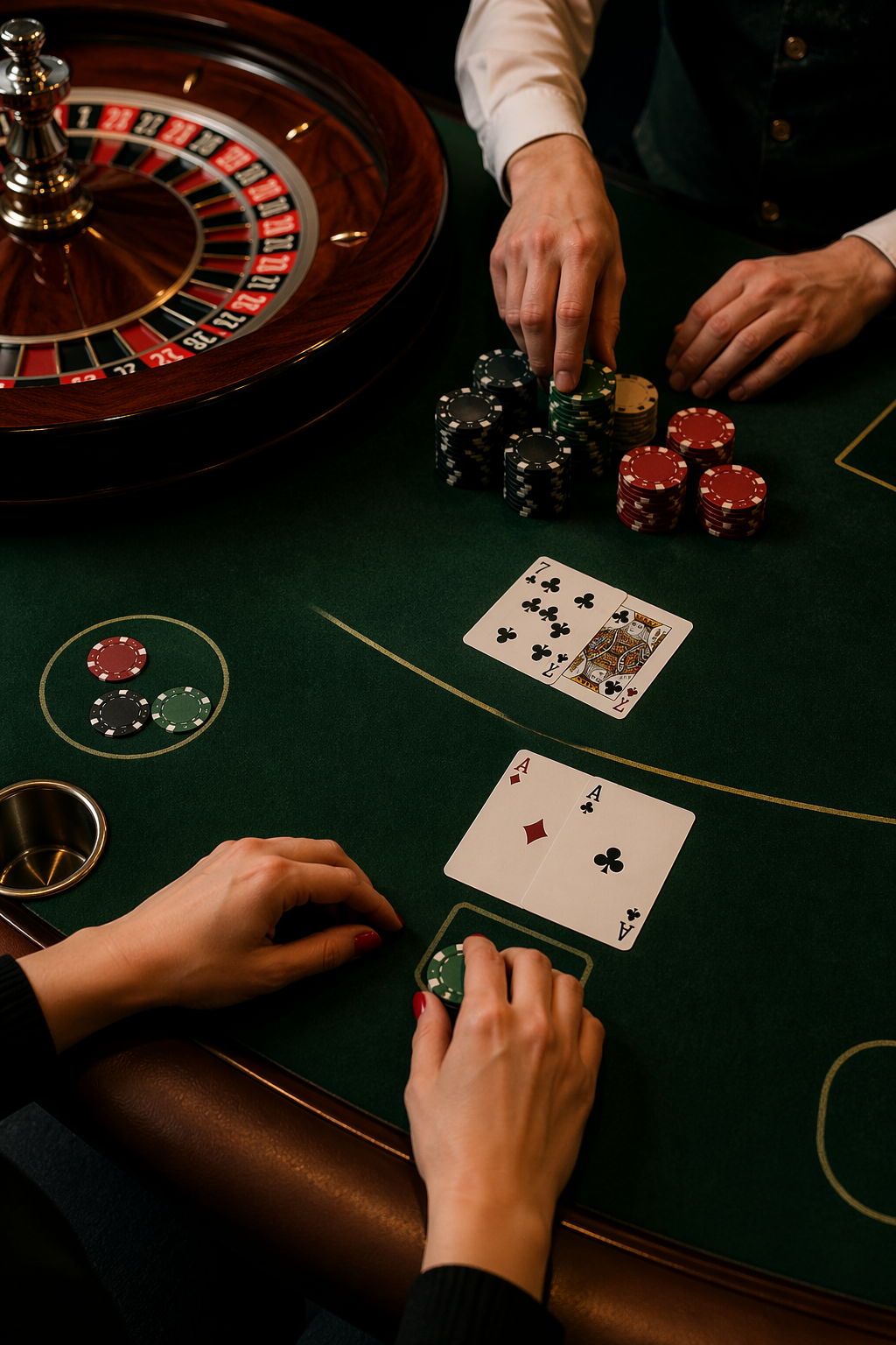 Live dealer roulette and blackjack setup with chips and cards in a premium casino studio